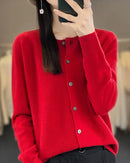 Wool O-Neck Seamless Single-Breasted Open Cardigan Sweater