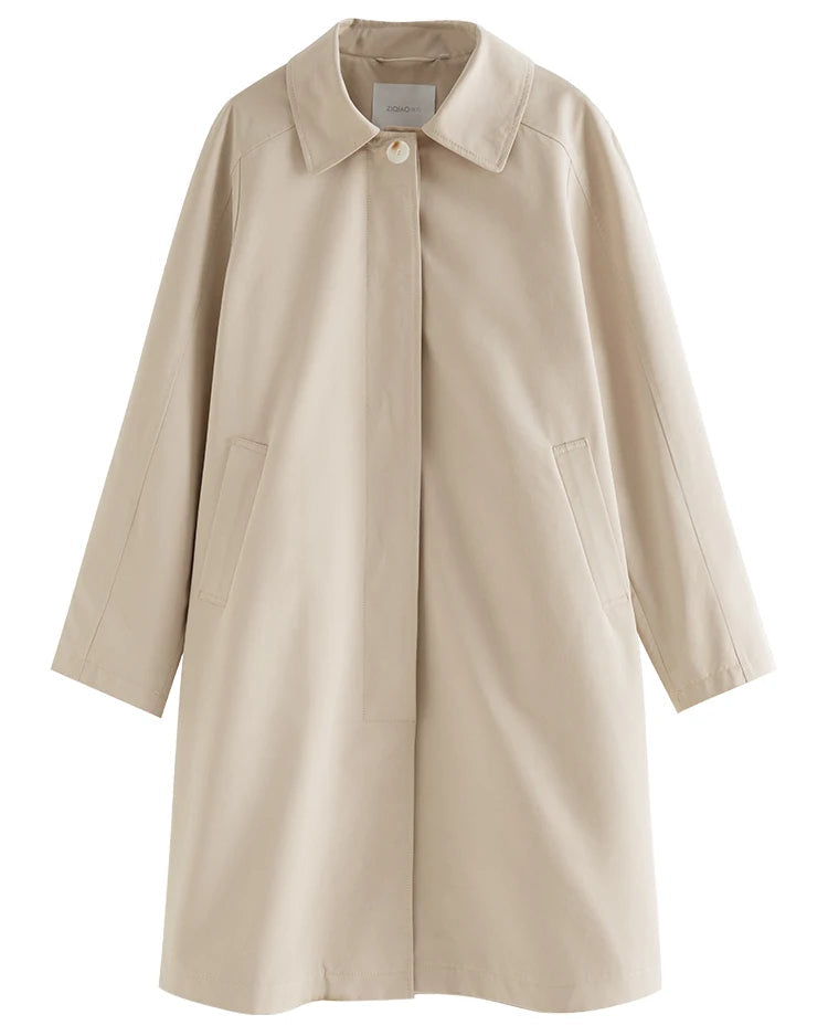 Solid Lapel A-Line Mid-Length Trench Coat
