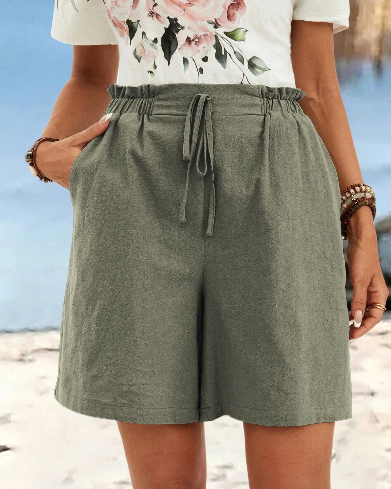 High-Waisted Linen Drawstring Shorts