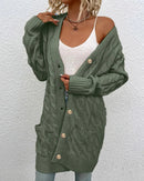 Solid Cable-Knit Open-Front Button Pocket Loose Long Cardigan