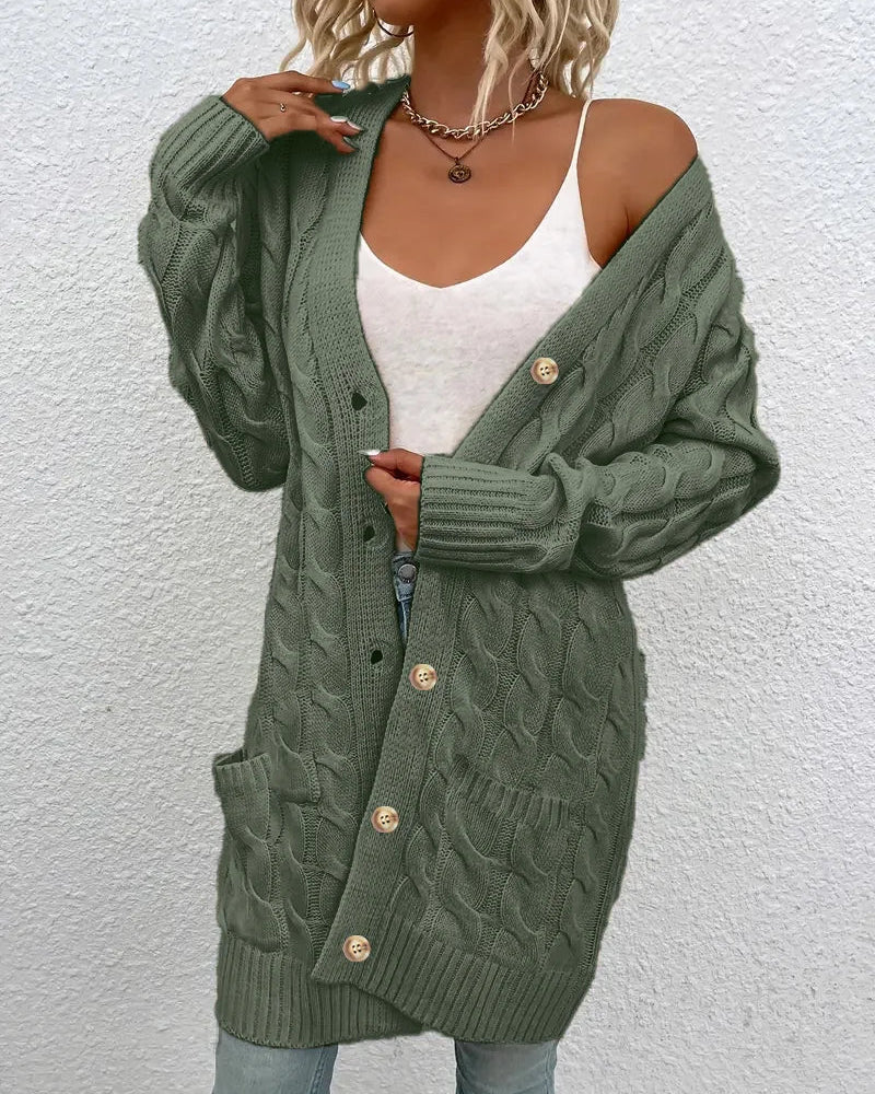 Solid Cable-Knit Open-Front Button Pocket Loose Long Cardigan