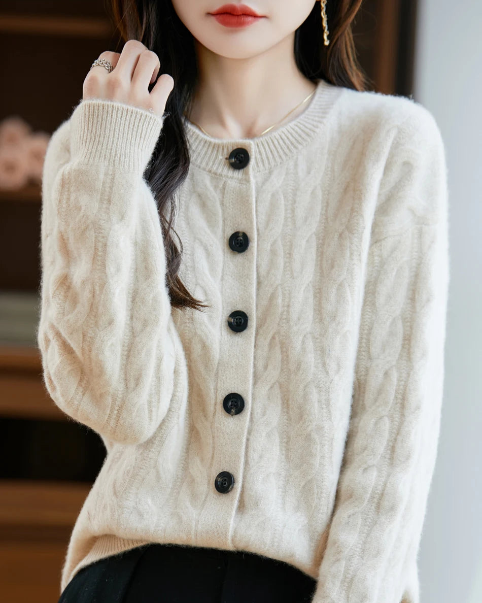 Wool O-Neck Twisted Single-Breasted Cardigan Sweater