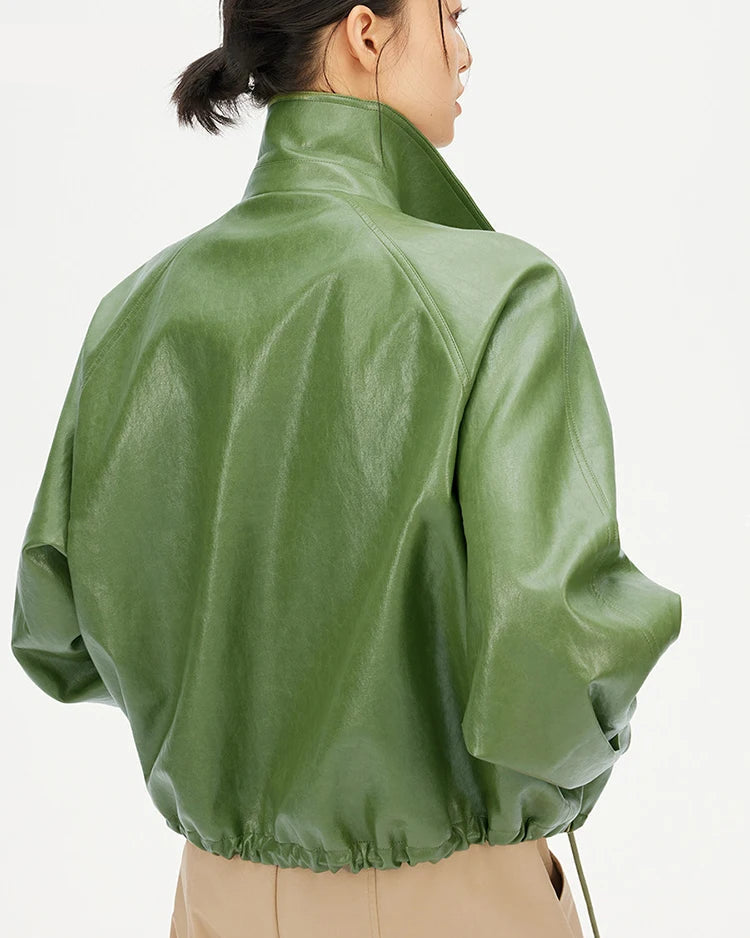 Loose-Fit Zip-Up PU Leather Short Jacket