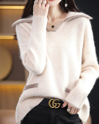 Contrast collar mink cashmere sweater for women with two-tone neckline, long sleeves and soft knit texture, a warm fall-winter pullover for everyday wear.