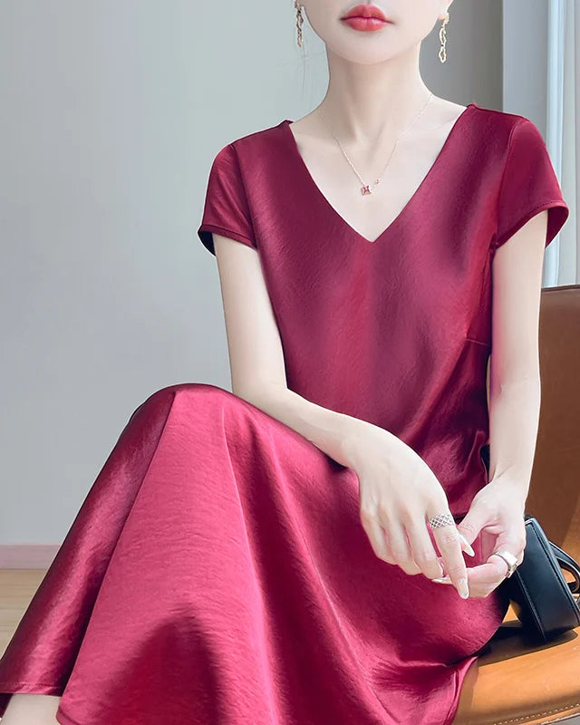 Satin V-Neck Midi Slip Dress