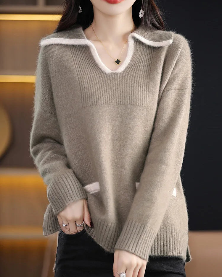 Contrast-Collar Mink Cashmere Sweater