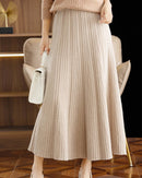 Merino Wool Solid Pleated Ankle-Length Knit Skirt