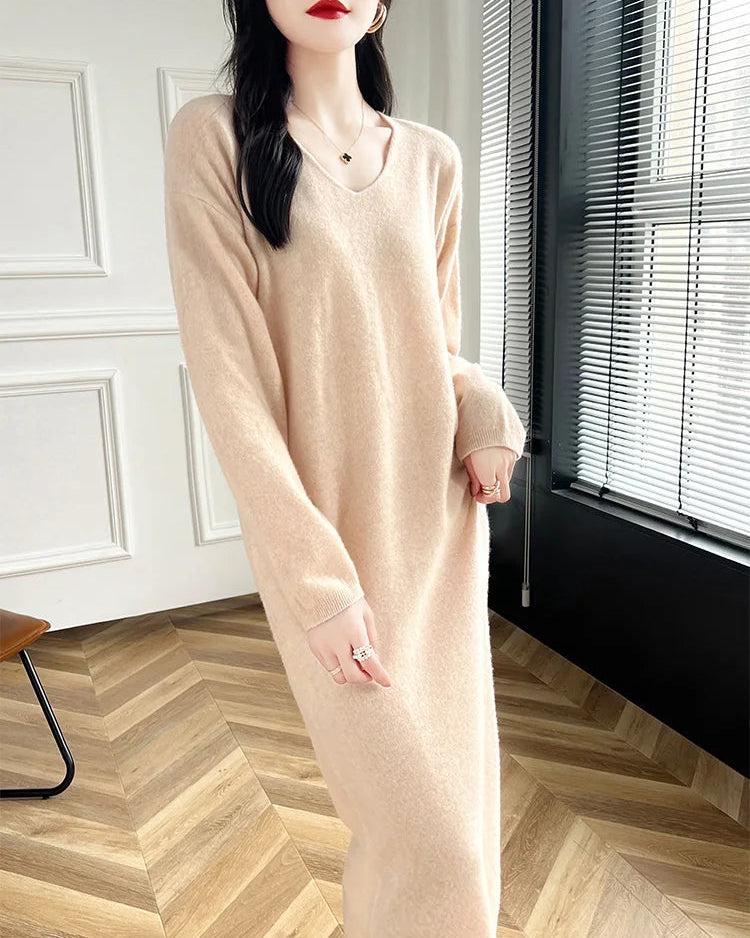 Wool V-Neck Long Sweater Dress