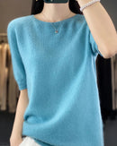 Wool Crew Neck Short-Sleeved Knit Sweater