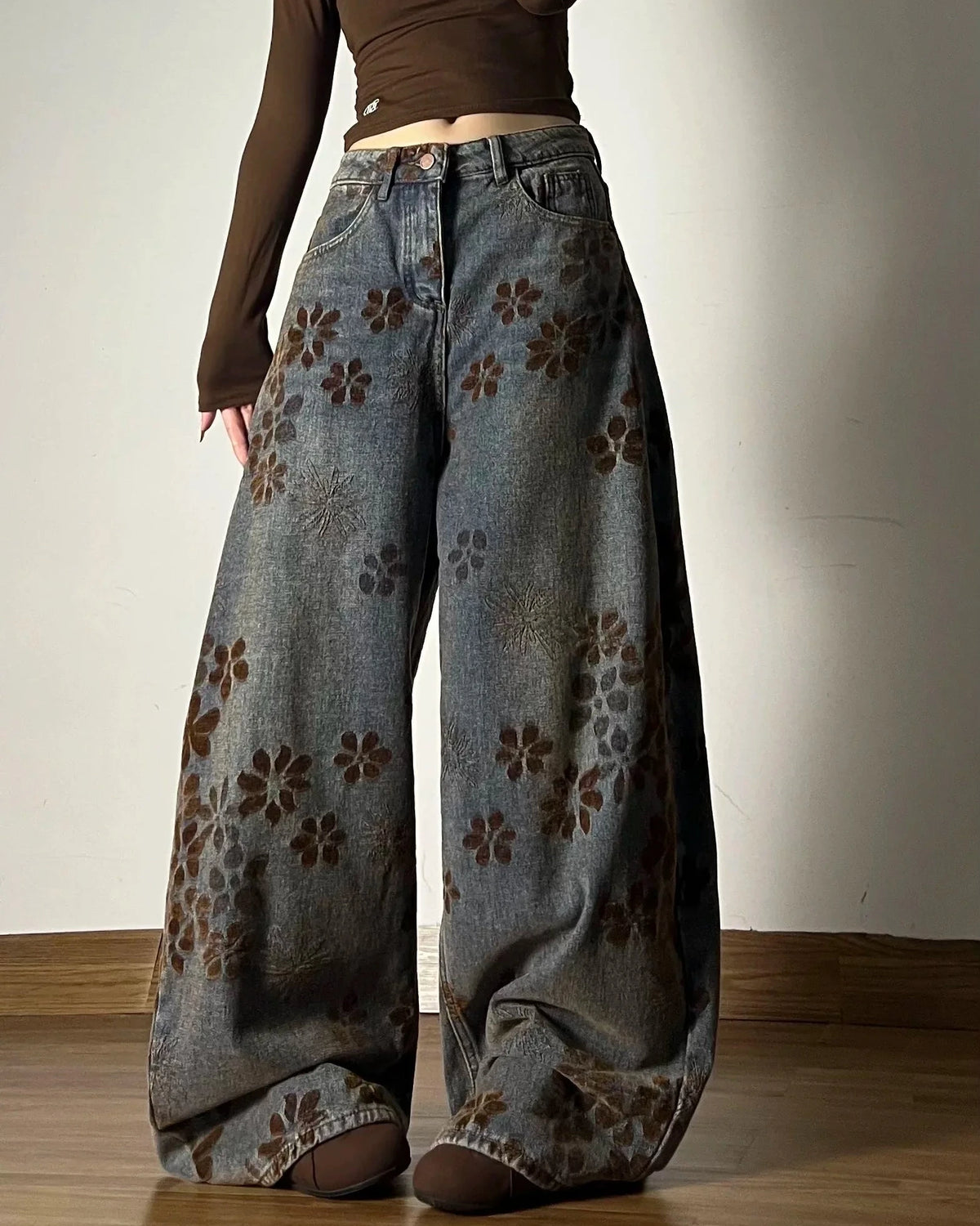 Washed Jacquard High Rise Wide Leg Jeans