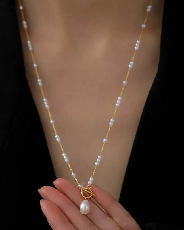 Gold Stainless Steel Pearl Beaded OT Clasp Long Necklace