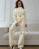 Zip-Up Cropped Knit Cardigan & Drawstring Wide-Leg Trousers Set