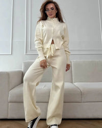 Zip-Up Cropped Knit Cardigan & Drawstring Wide-Leg Trousers Set