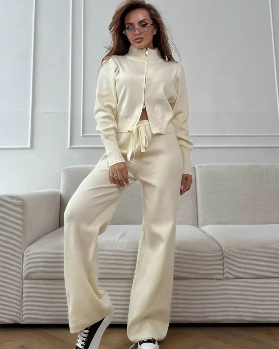 Zip-Up Cropped Knit Cardigan & Drawstring Wide-Leg Trousers Set