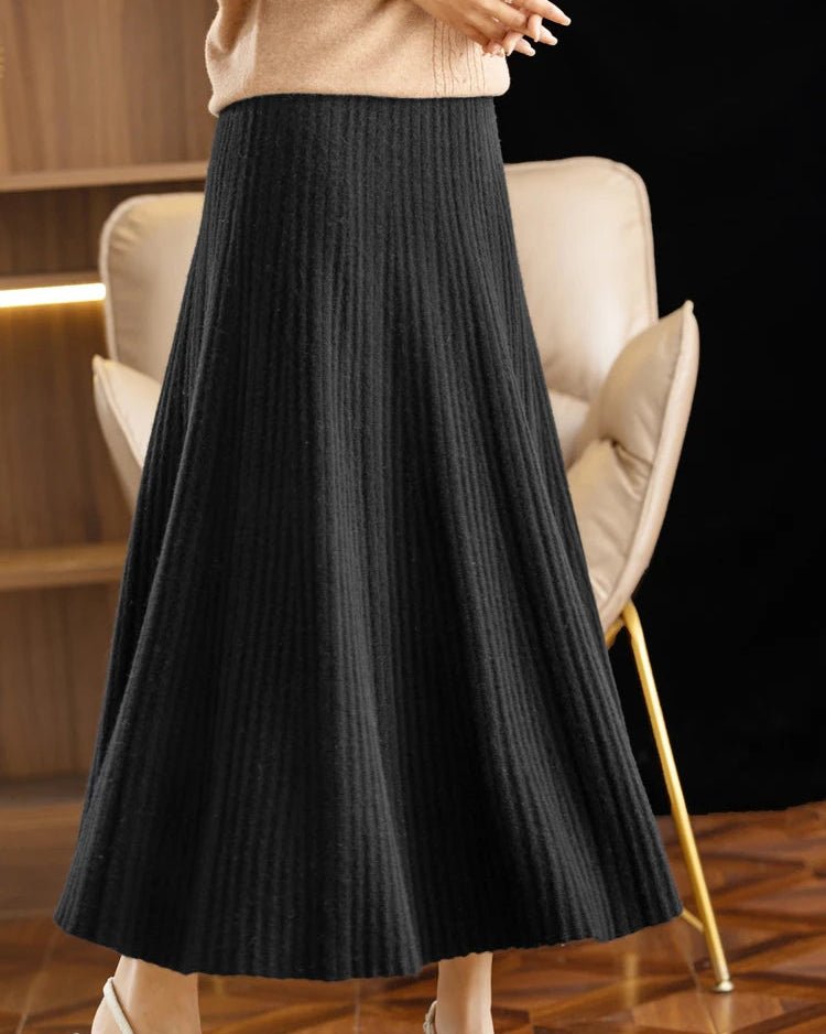 Elegant Pleated Wool A-Line Long Skirt