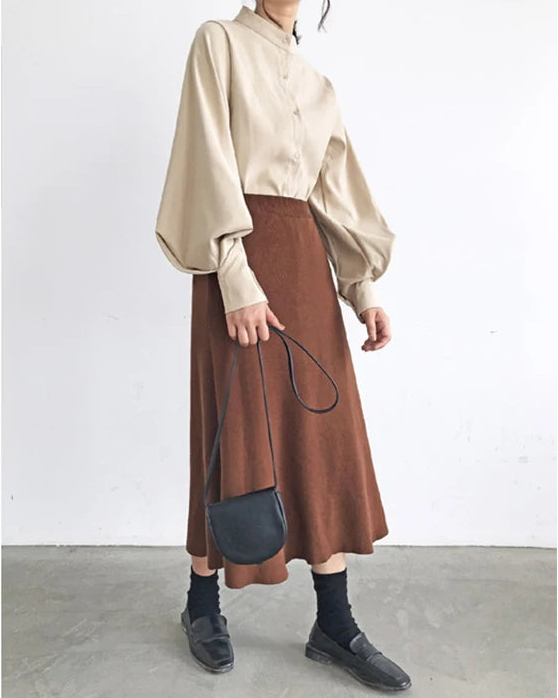 Lantern Sleeve Stand Collar Shirt