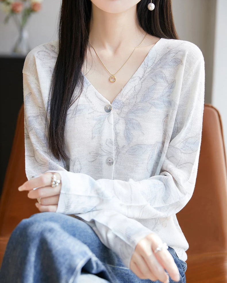 Lyocell Printed V Neck Cardigan