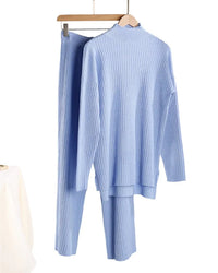 Half-Turtleneck Knit Sweater & High Waist Wide-Leg Trouser Set