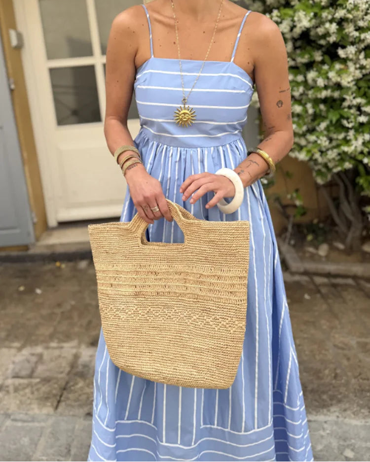 Striped Spaghetti-Strap Backless Maxi Dress