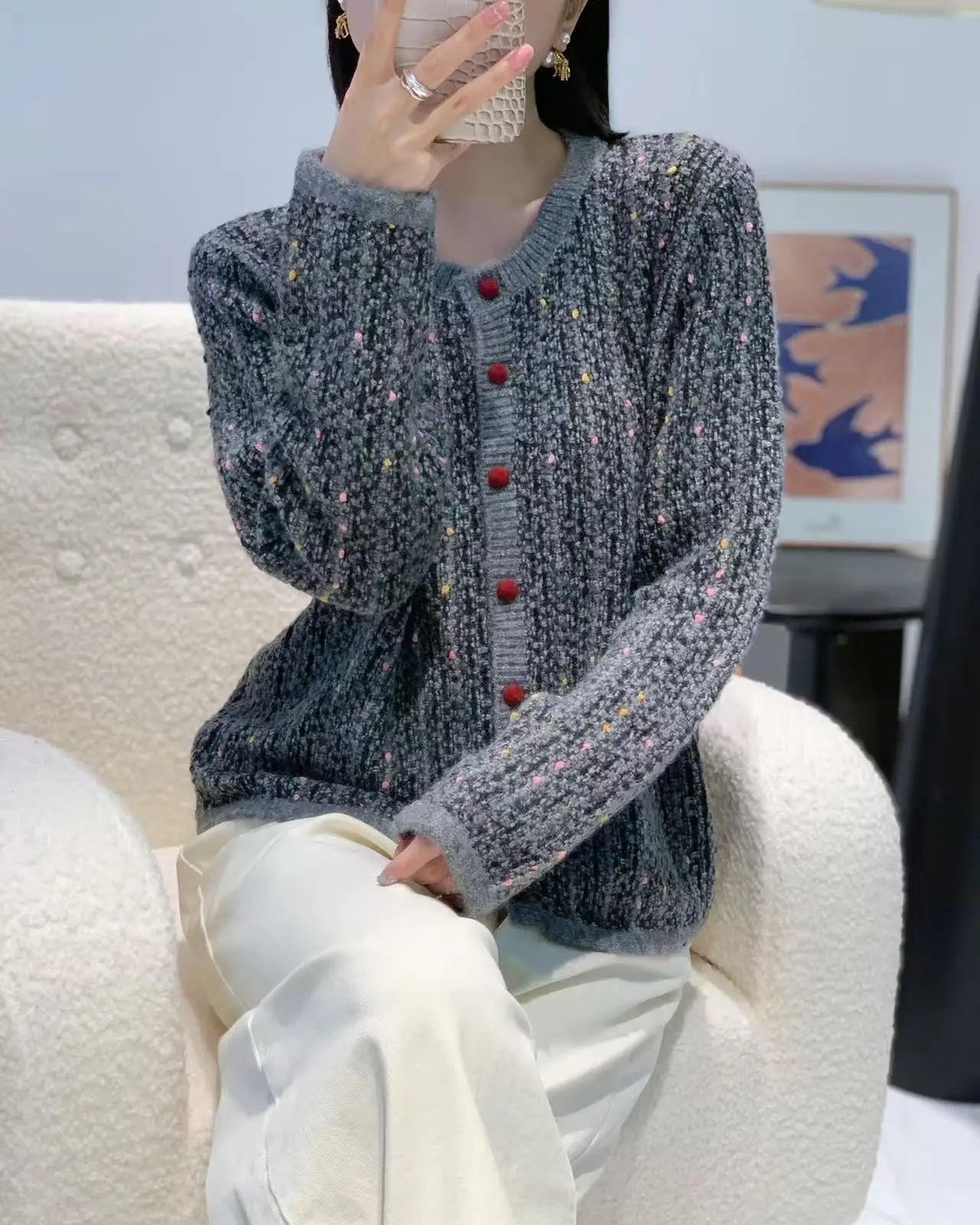 Merino Wool Blend O-Neck Colour Stripe Open Cardigan Sweater