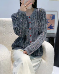 Merino Wool Blend O-Neck Colour Stripe Open Cardigan Sweater