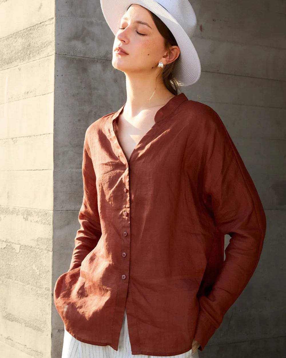 Retro V-Neck Sun Protection Long-Sleeved Shirt