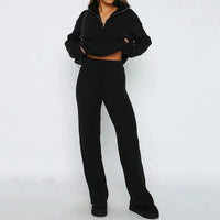 Zipper Long Sleeve Sweaters Straight Pants Knitted Suit