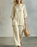 O-Neck 3/4 Sleeve Button Top & Ankle Trouser 2-Piece Set