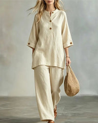 O-Neck 3/4 Sleeve Button Top & Ankle Trouser 2-Piece Set