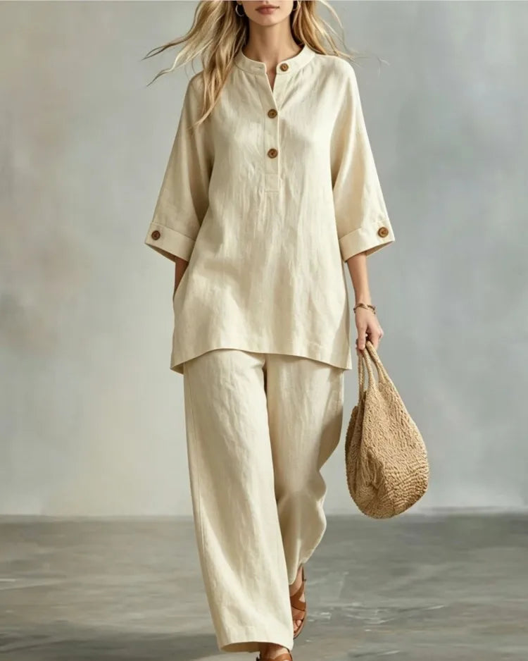 O-Neck 3/4 Sleeve Button Top & Ankle Trouser 2-Piece Set