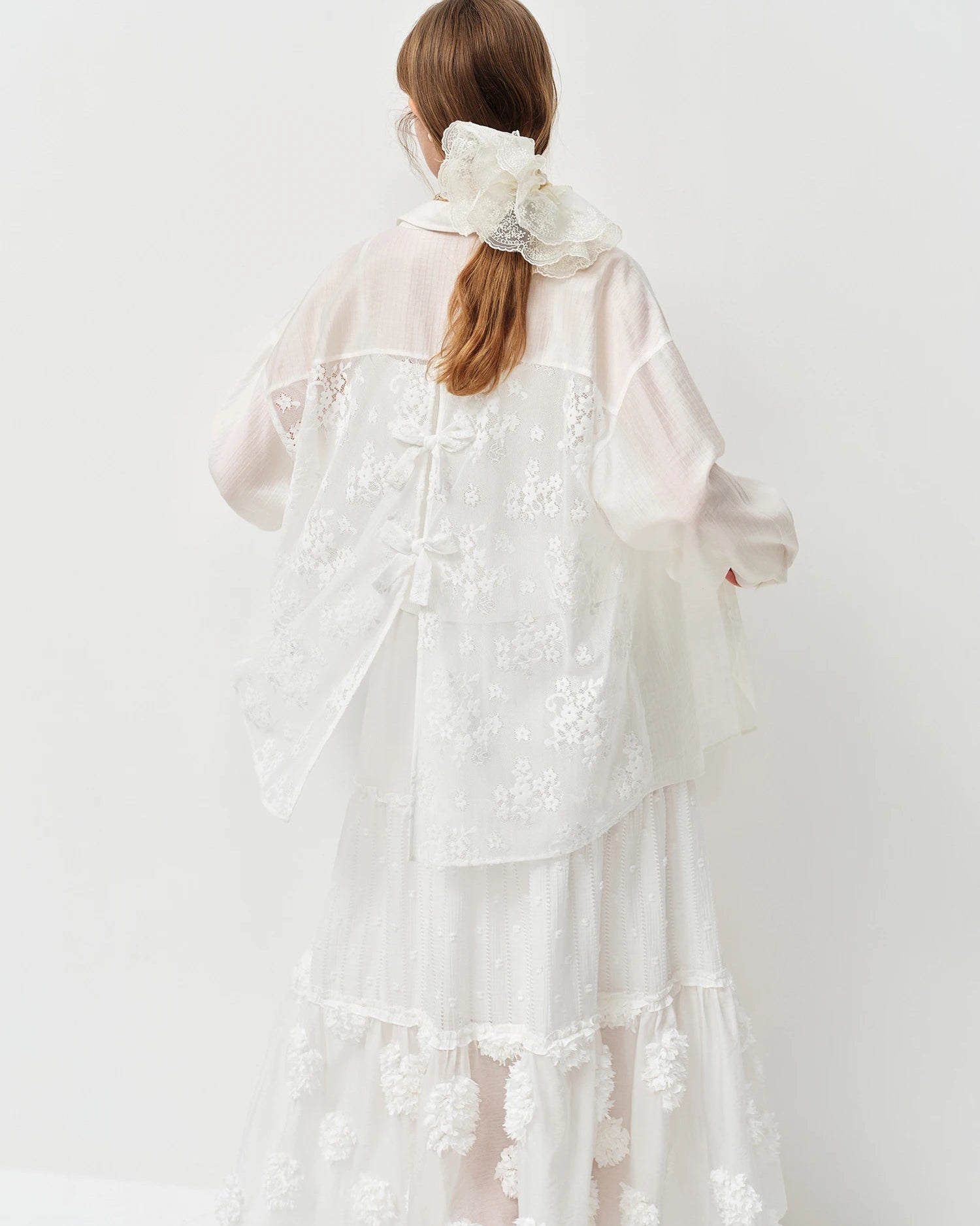 Lace-Trim Bow Lyocell Blouse