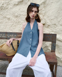 Elegant Linen V-Neck Backless Sleeveless Vest