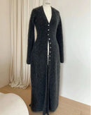 V-Neck Geometric Knit Long Cardigan