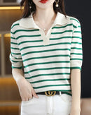 Women's striped V-neck short-sleeve t-shirt made from breathable cotton knit, featuring a sculpted polo collar and double-stitched seams for durable, timeless casual wear.