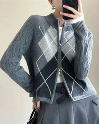 Argyle Merino Wool Zip Cardigan