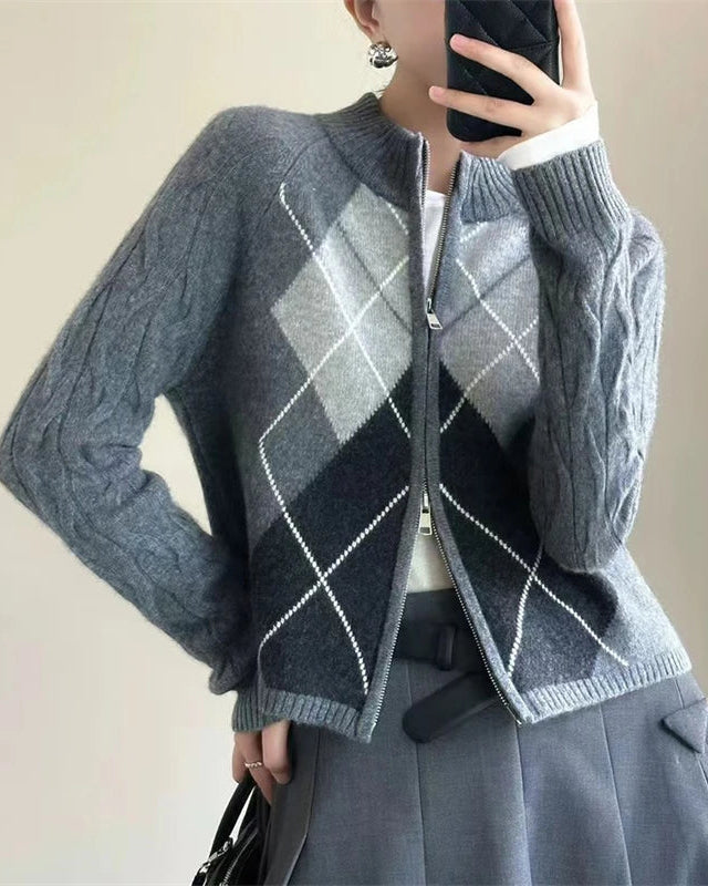 Argyle Merino Wool Zip Cardigan