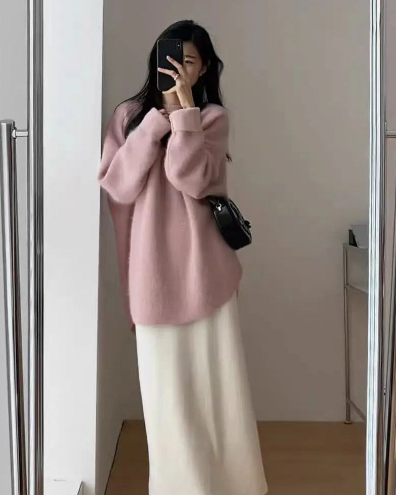 Cashmere Round-Neck Long Split-Hem Pullover
