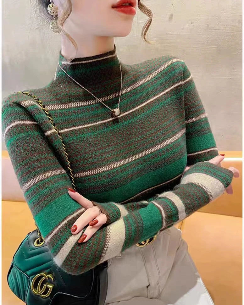 Striped Half-High Collar Slim Knit Pullover