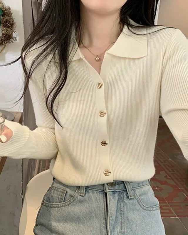 Polo Lapel Knit Cardigan