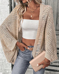 Solid Hollow-Out Batwing Sleeve Loose Knit Cardigan