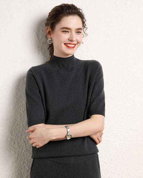 Cashmere Half-Sleeve Mock-Neck Sweater