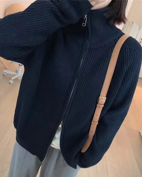 Collared Wool Zip-Up Cardigan Sweater