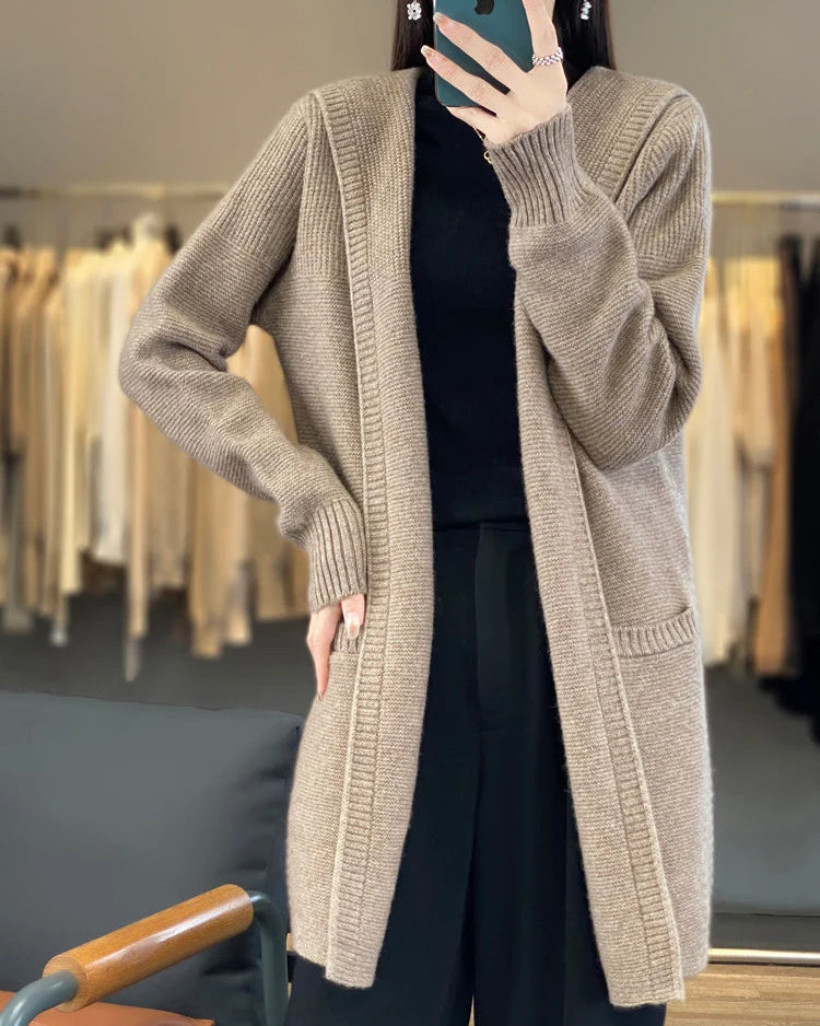 100% Merino Wool Hooded Loose Mid-Long Open Cardigan Coat