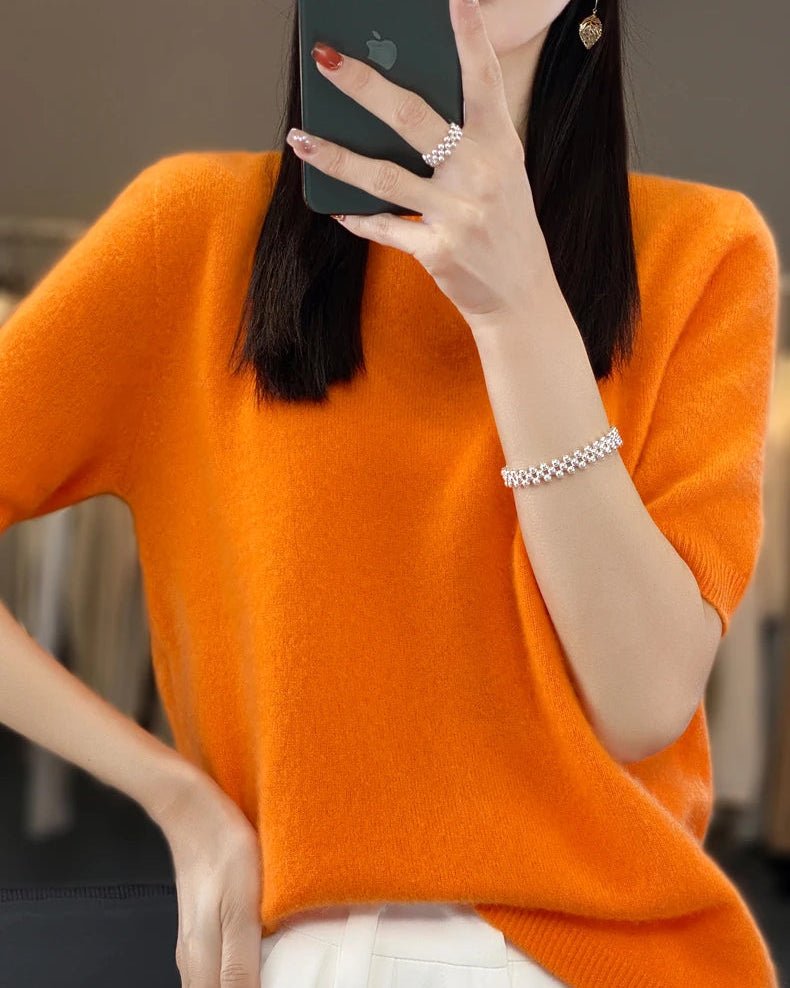 Wool Crew Neck Short-Sleeved Knit Sweater