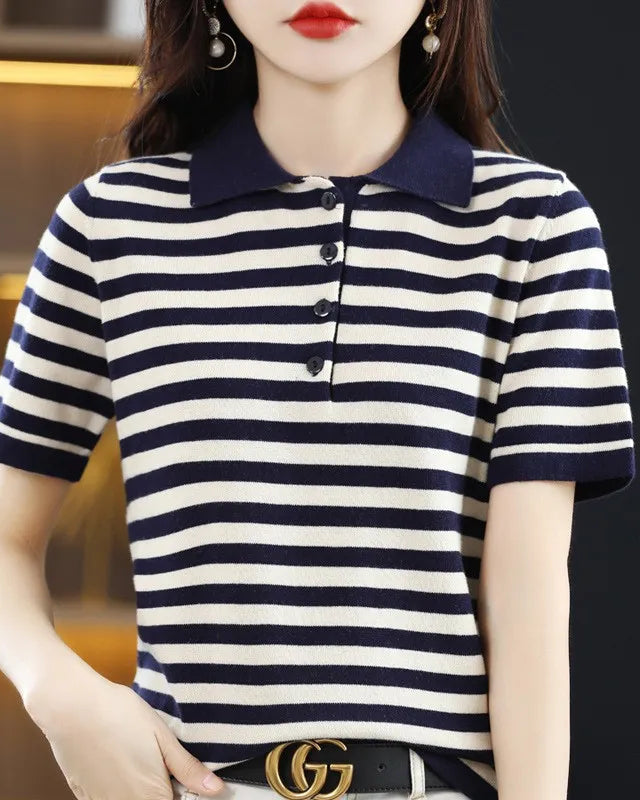 Striped Cotton Polo Knit Tee