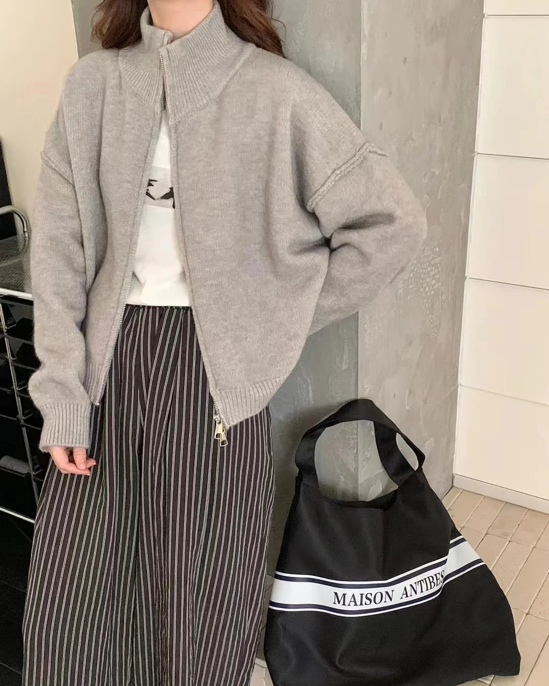 Oversized Knit Zip Cardigan Stand Collar
