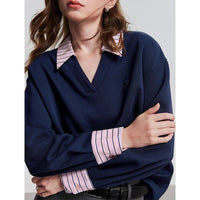 Contrasting Color Splicing Fake Two Piece Pullover Tops