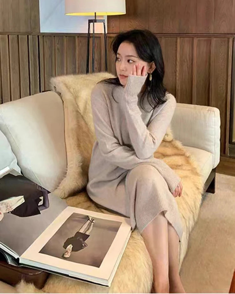 Cashmere Knit Ankle-Length Sweater Dress
