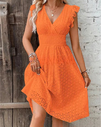 V-Neck Lace Waist Flare Sleeve A-Line Beach Dress