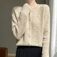 Merino Wool Hollow-Out Pearl Button Cardigan